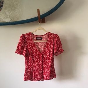 New reformation red floral button up blouse